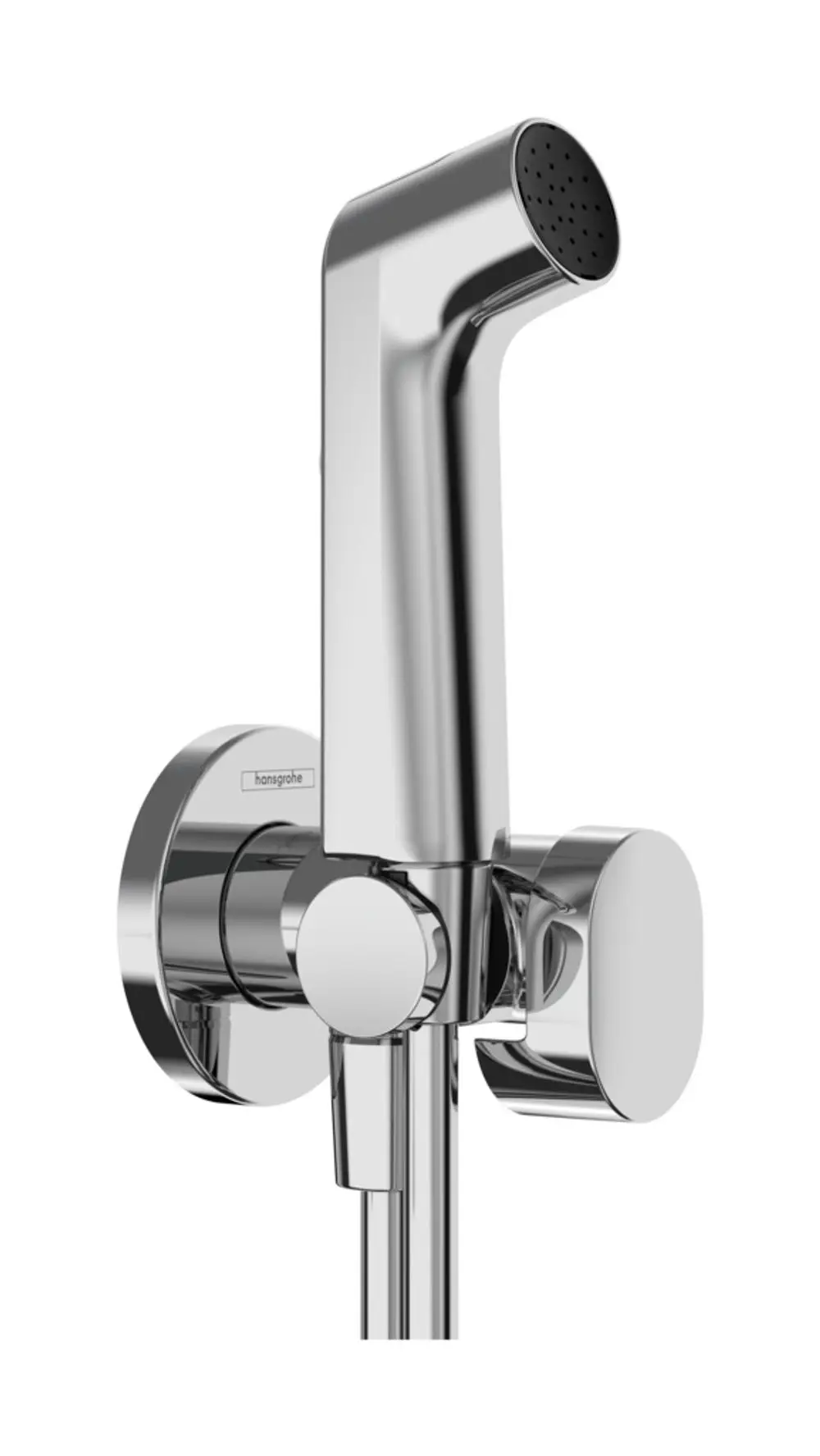 Handbrause aus verchromtem Metall von Hansgrohe, mit einem flexiblen Schlauch und Halterung. Geeignet für Kaltwasseranschlüsse.